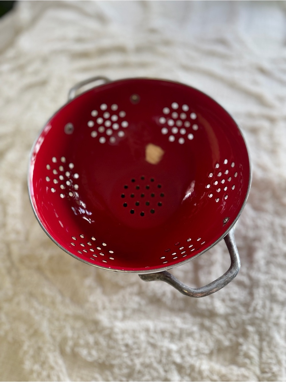 Vintage Red Enamelware Colander Strainer Farmhouse Decor